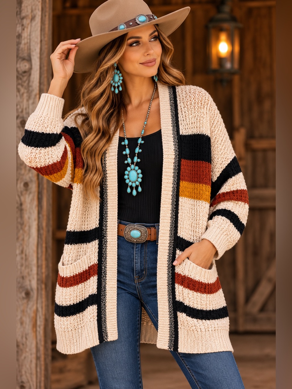 Express XL Chunky Striped Open Front Cardigan Cream Black Rust Mustard